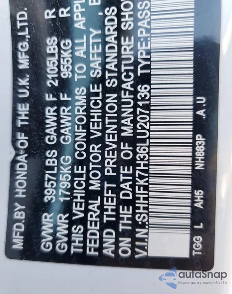 2020 Honda Civic Lx из США, поврежденный, VIN 207136